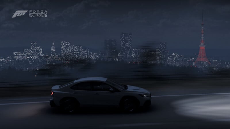 A dark-colored car drives on a road at night with a city skyline and a lit tower in the background. The Forza Horizon 5 logo is visible in the upper left corner.