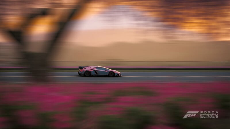 A sleek sports car speeds down a road surrounded by blurred pink flowers and trees at sunset. The image features dynamic motion blur and the "Forza Horizon 5" logo in the bottom right corner.