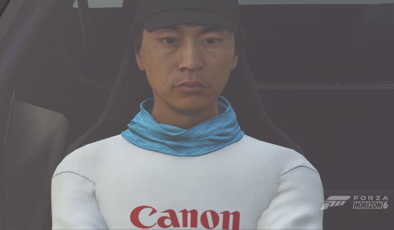 A serious-looking person in a white shirt with "Canon" written on it, a black cap, and a blue scarf sits in a car seat. The Forza Horizon 6 game logo is in the lower right corner.