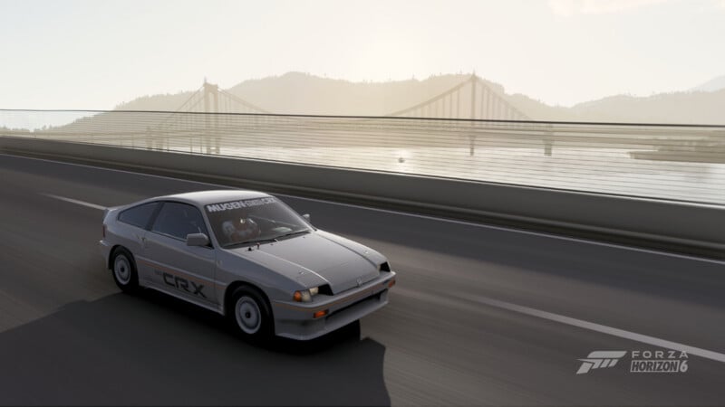 A white Honda CR-X sports car drives on a bridge with mountains and a river in the background. The sun is low in the sky. The "Forza Horizon 5" logo is visible in the bottom right corner.