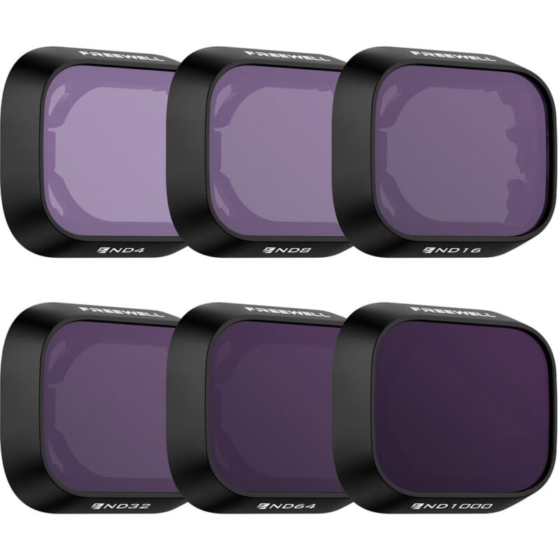 Six rectangular camera lens filters with black frames and varying shades of purple glass, labeled ND4, ND8, ND16, ND32, ND64, and ND1000, arranged in two rows of three.