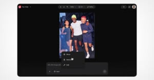 A photo editing interface displays a picture of three people jogging. An area around one person is selected, with a menu showing options to move, remove, or edit the selection.