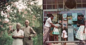 Left: An elderly Black couple stands together outdoors near flowering trees. Right: Black children and adults wait at a counter labeled "WHITE ONLY" outside an ice cream shop. A sign above reads "ICE MILK SOLD HERE.