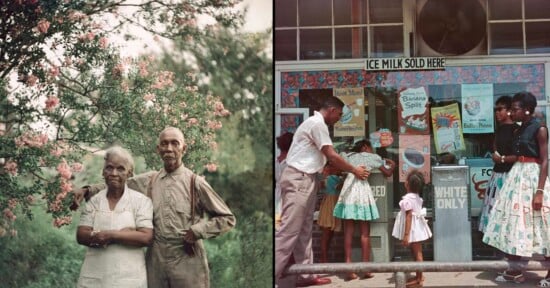 Left: An elderly Black couple stands together outdoors near flowering trees. Right: Black children and adults wait at a counter labeled "WHITE ONLY" outside an ice cream shop. A sign above reads "ICE MILK SOLD HERE.