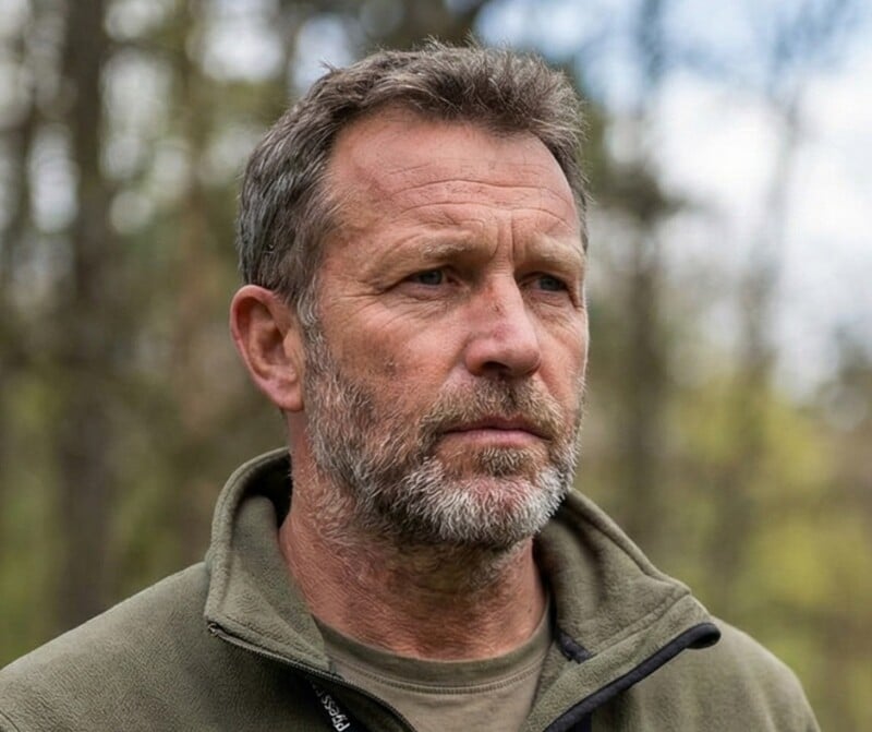 A middle-aged man with short brown hair and a gray beard stands outdoors, wearing a green fleece jacket. Trees and blurred greenery are visible in the background. He looks thoughtful and serious.