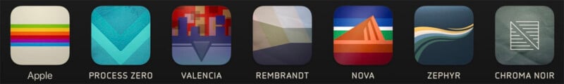 Seven app icons with different designs and color schemes are shown in a row. Each has a label: Apple, Process Zero, Valencia, Rembrandt, Nova, Zephyr, and Chroma Noir.