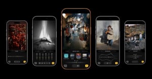 Five smartphones are displayed side by side, each showing a different photo and editing interface with sliders and filter options, including images of tomatoes, a bridge, a street scene, a child, and birds by rocks.