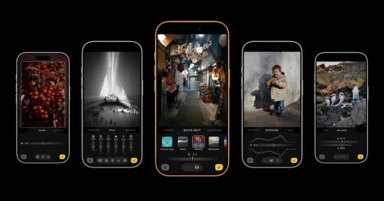 Five smartphones are displayed side by side, each showing a different photo and editing interface with sliders and filter options, including images of tomatoes, a bridge, a street scene, a child, and birds by rocks.