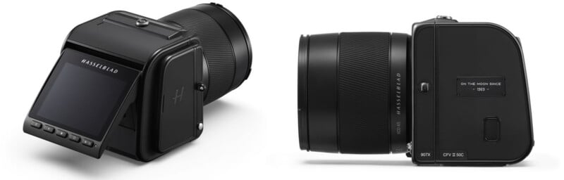 Two views of a black Hasselblad medium-format digital camera: one showing the angled rear LCD screen and buttons, and the other showing the side with engraved text reading "ON THE MOON SINCE 1969.