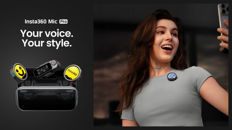 A woman with long brown hair smiles and holds a phone for a selfie. Beside her is an image of the Insta360 Mic Pro microphone set, with the text “Your voice. Your style.” on a dark background.