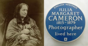A sepia portrait of a seated woman in Victorian attire is beside a blue English Heritage plaque reading: “Julia Margaret Cameron 1815–1879 Photographer lived here.”.