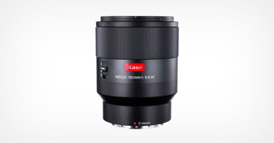 A black Kase Reflex 150mm f/5.6 AF camera lens with a Z-mount, shown upright against a plain white background. The lens features visible switches and branding on its body.