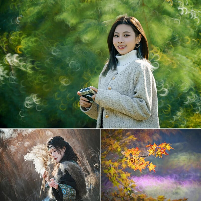 A collage with three images: a woman holding a vintage camera in front of a swirling green background, a woman in fur clothes holding pampas grass, and a close-up of autumn leaves against a dreamy, colorful backdrop.
