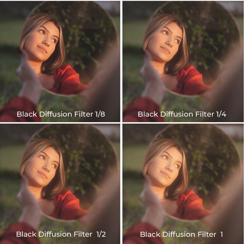 Four side-by-side photos of a woman looking into a round mirror, each labeled with a different black diffusion filter strength: 1/8, 1/4, 1/2, and 1. The image gets progressively softer with each filter.