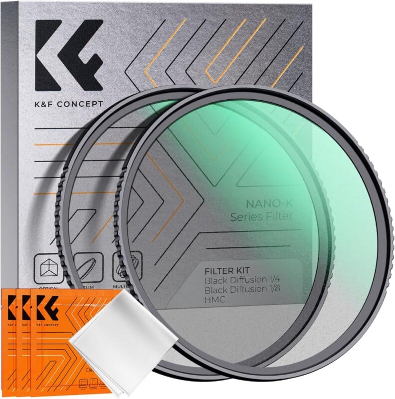 Two circular camera lens filters with a green tint are shown in front of a K&F Concept branded box. A cleaning cloth and two orange filter instruction cards are also included in the image.