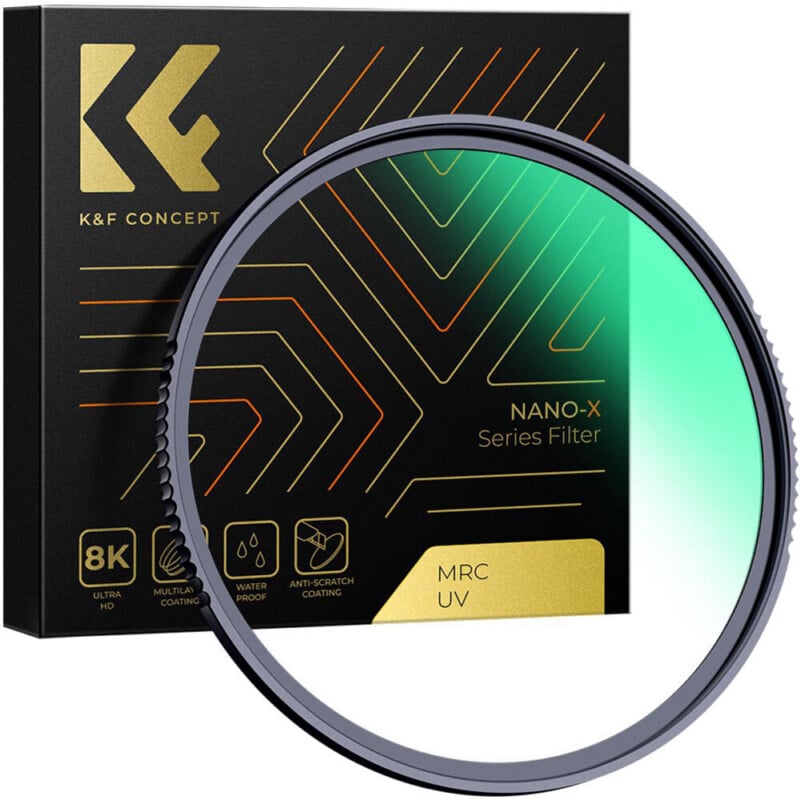 A K&F Concept Nano-X Series MRC UV filter is shown in front of its black and gold packaging, highlighting features such as ultra HD, multi-layer coating, waterproof, and anti-scratch coating.