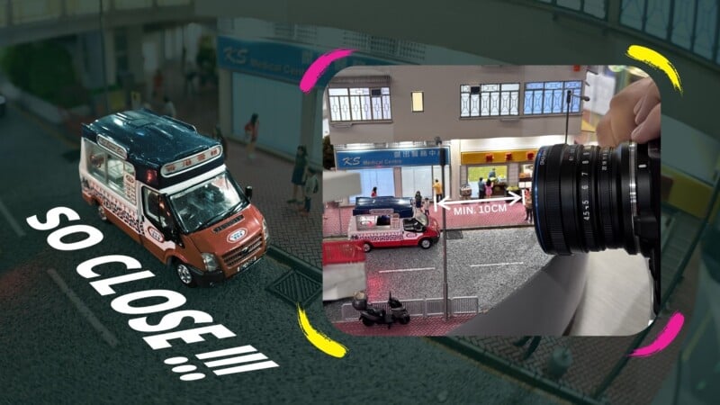 A close-up of a toy ambulance on a model street with "SO CLOSE...!!" text. An inset shows a camera lens photographing the scene, highlighting the miniature setup and realism of the model display.