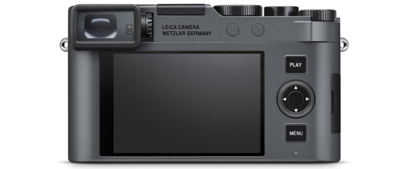 Rear view of a Leica digital camera showing its electronic viewfinder, large LCD screen, control buttons, and dials. The camera is grey and has "Leica Camera Wetzlar Germany" engraved above the screen.