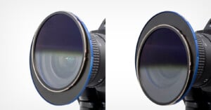 Close-up of a camera with a large circular lens filter attached, shown from two angles to display the filter’s design and fit over the camera lens. The filter has a dark, slightly reflective surface with a blue edge.