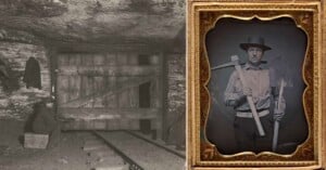 A black-and-white photo shows a miner working underground near a wooden barrier and train tracks; next to it, a sepia portrait of a man in a hat holding a pickaxe and shovel, framed in ornate gold.