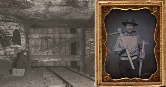 A black-and-white photo shows a miner working underground near a wooden barrier and train tracks; next to it, a sepia portrait of a man in a hat holding a pickaxe and shovel, framed in ornate gold.