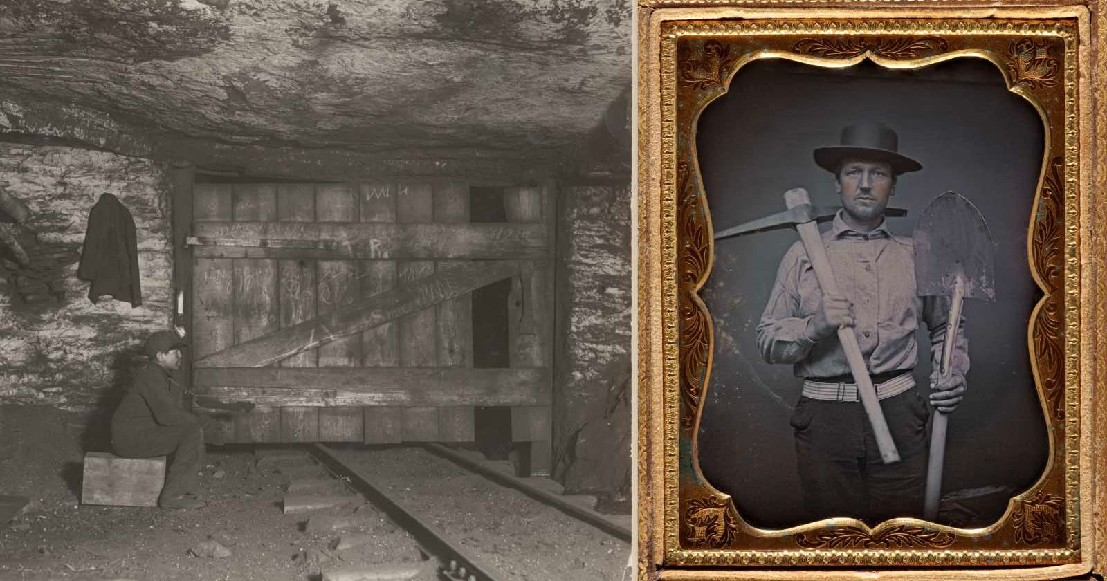A black-and-white photo shows a miner working underground near a wooden barrier and train tracks; next to it, a sepia portrait of a man in a hat holding a pickaxe and shovel, framed in ornate gold.