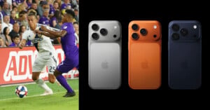 A soccer player in a white uniform is challenged by another player in purple on a grassy field. Next to them are three iPhones in silver, orange, and black displayed against a black background.