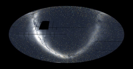 A wide, oval-shaped map of the night sky filled with tiny stars. A dense, bright arc of stars curves from the top left to the bottom right. A dark rectangular patch appears near the top left within the star field.