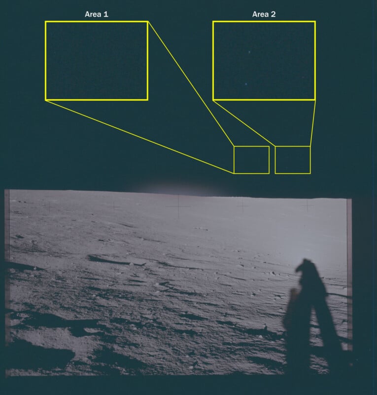 A shadowy astronaut stands on a rocky lunar surface. Above, two yellow boxes labeled "Area 1" and "Area 2" highlight and zoom into dark sky regions with faint stars visible in Area 2.