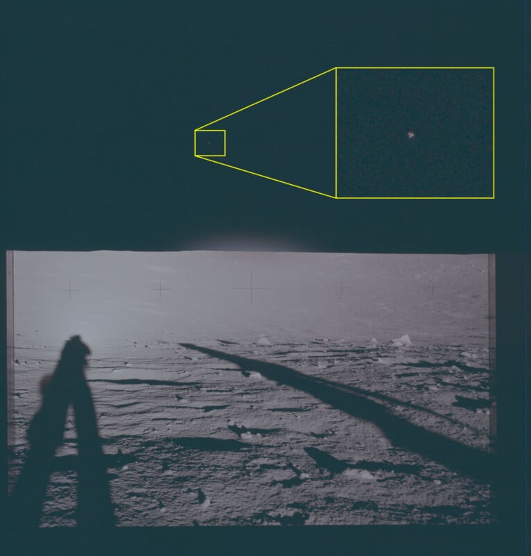 Photo of a lunar landscape with astronaut shadows in the foreground; an inset shows a zoomed-in view of a small, distant object in the dark sky, highlighted by a yellow box and lines.