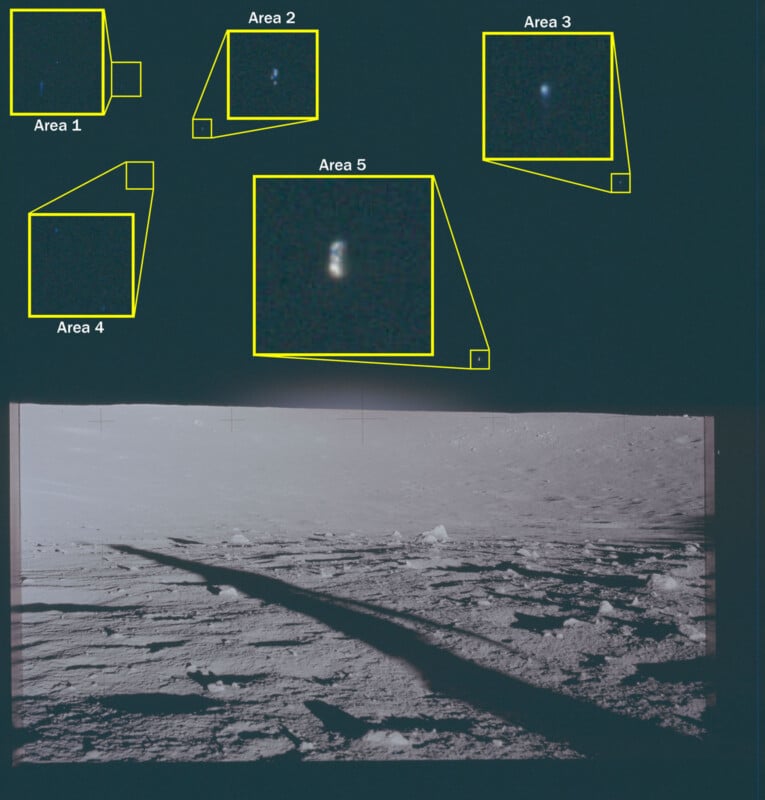 A collage showing a lunar surface photo with a long shadow at the bottom, and five magnified, labeled insets above, highlighting bright spots in the night sky: "Area 1" to "Area 5," each framed with a yellow box.