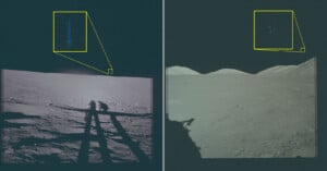 Side-by-side lunar landscape photos show astronauts' shadows and terrain. Each image has a zoomed-in inset highlighting a small, faint blue dot in the sky, outlined by a yellow box and lines.