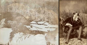 Side-by-side photos: on the left, a faded, damaged image of a person lying on a floral-patterned surface; on the right, a seated person in formal attire, resting their head on their hand and holding a book.