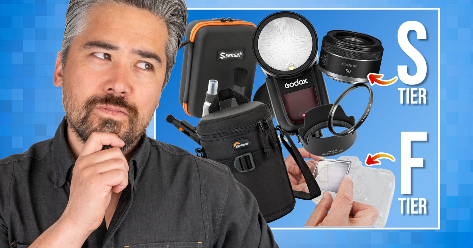 A man with a thoughtful expression stands next to a collage of camera gear labeled “S tier” and “F tier” on a blue background, with various photography accessories and lenses shown.
