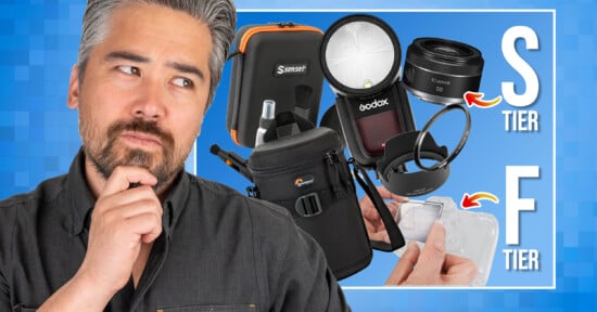 A man with a thoughtful expression stands next to a collage of camera gear labeled “S tier” and “F tier” on a blue background, with various photography accessories and lenses shown.