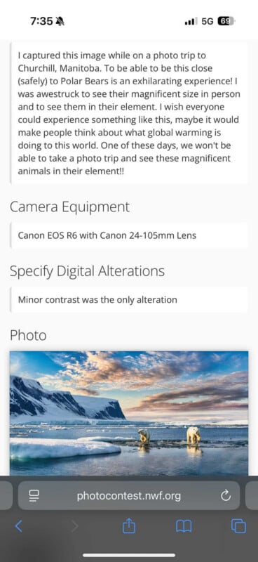 A screenshot of a photo contest entry showing two polar bears standing on ice in shallow water, with details about the camera, image alteration, and a personal reflection on witnessing polar bears in Churchill, Manitoba.