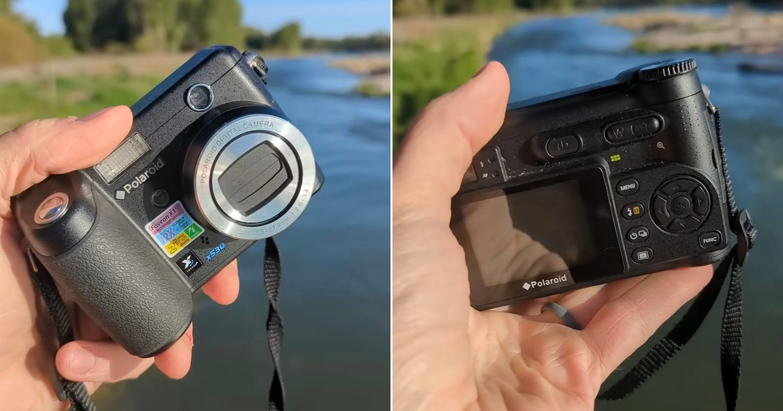 A hand holds a black Polaroid digital camera outdoors by a river, showing the camera's front in one image and the back with its screen and buttons in the other. The background is green and sunny.