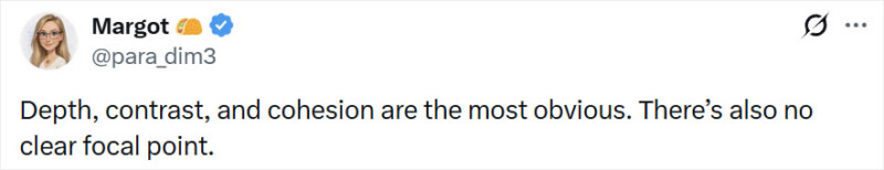 Tweet by a user named Margot says: "Depth, contrast, and cohesion are the most obvious. There’s also no clear focal point." Margot’s profile photo and Twitter handle @para_dim3 are visible.