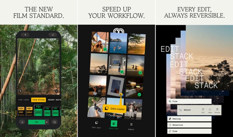A three-panel image showcases a photo editing app: the first panel shows film style options on a phone screen, the second displays a photo grid and workflow shortcut, and the third highlights reversible editing with stacked effects on landscape photos.