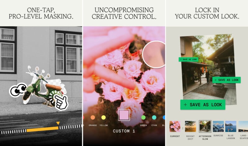 A three-panel app interface: left shows a masked scooter on a street; center shows a hand with a color adjustment tool over pink roses; right shows a house photo with “Save as Look” options for custom filters.