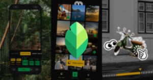 A green leaf icon, representing the Snapseed app, is centered over a blurred background showing photo editing interfaces and tools on a smartphone screen.
