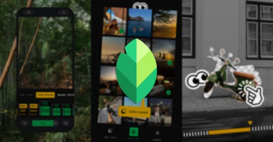 A green leaf icon, representing the Snapseed app, is centered over a blurred background showing photo editing interfaces and tools on a smartphone screen.