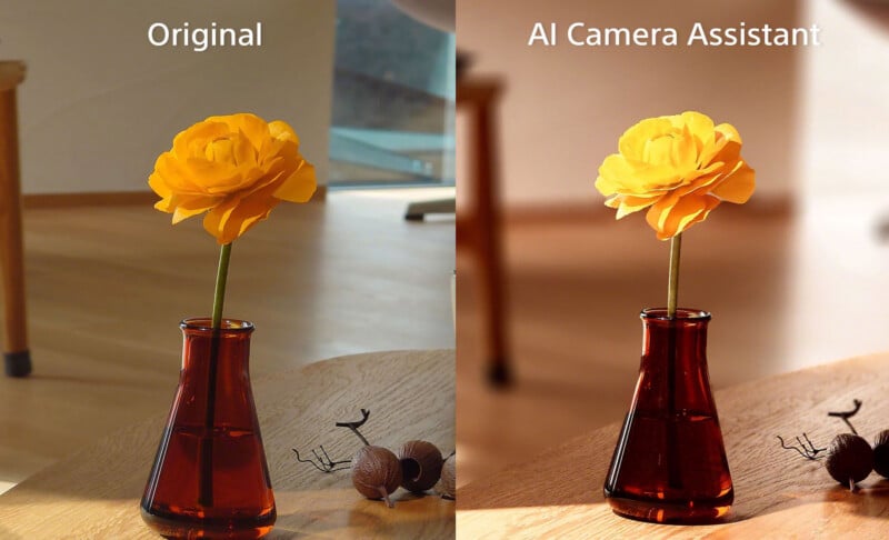 Side-by-side comparison of a yellow flower in a brown vase: the left shows the original photo, and the right, labeled "AI Camera Assistant," appears brighter and more vibrant. Both sit on a wooden table.
