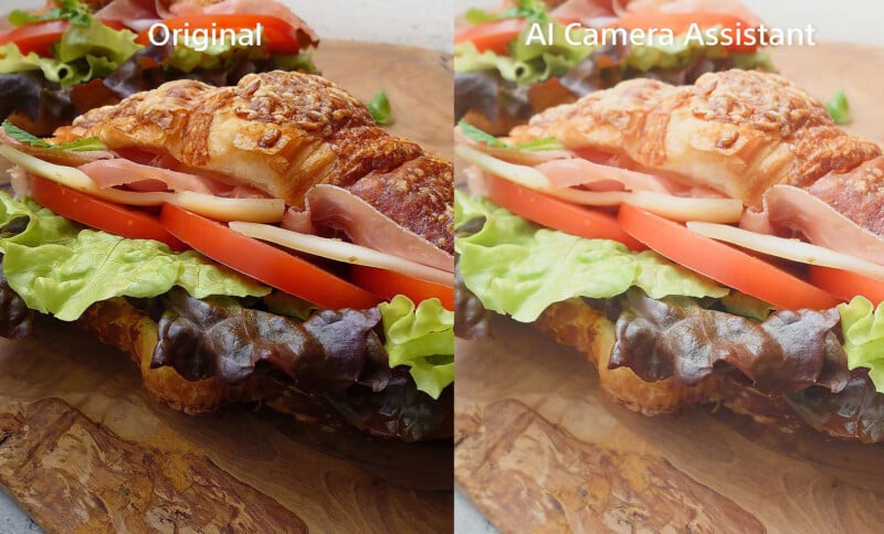 A side-by-side comparison of a sandwich with lettuce, tomato, cheese, and ham in a croissant. The left side is labeled "Original," and the right side is labeled "AI Camera Assistant," showing enhanced colors and sharpness.