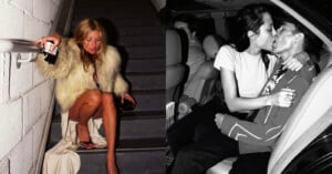 A woman in a fur coat sits on a stairwell holding a drink, while another black-and-white photo shows a couple passionately kissing in the front seat of a car.