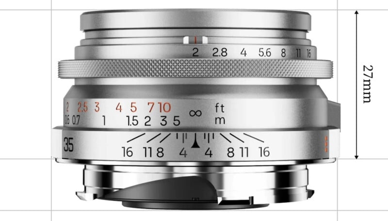 A close-up of a silver camera lens showing focus and aperture markings, with a measurement indicating the lens height is 27mm. The lens has engraved numbers and a textured focus ring.