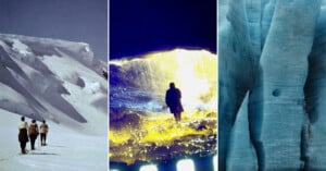 Three-panel image: Left, people hike up a snowy slope; center, a person stands in a glowing ice cave; right, close-up view of blue ice with deep crevices and textures.