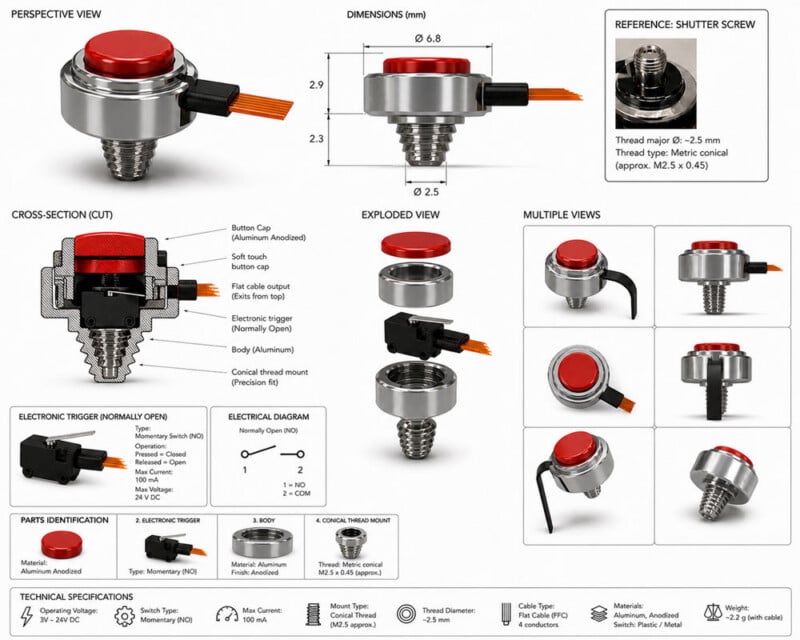 Technical diagram of a red push button switch, showing perspective, dimensions, cross-section, exploded and multiple views, parts identification, electrical diagram, and technical specifications.