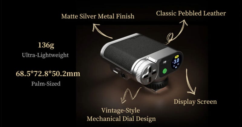 A compact device with a matte silver metal finish, classic pebbled leather, display screen, vintage-style mechanical dial, and palm-sized dimensions of 68.5×72.8×50.2 mm, weighing 136g.