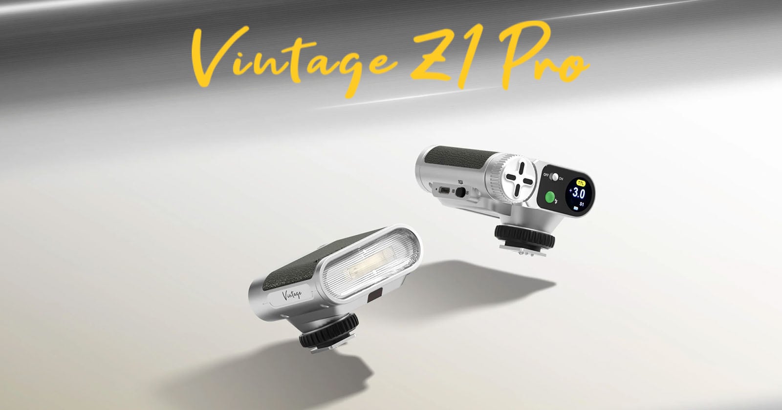 Two metallic camera flash units labeled "Vintage Z1 Pro" are displayed, featuring digital screens and control dials, with a stylish, modern-retro design and yellow text above reading "Vintage Z1 Pro.
